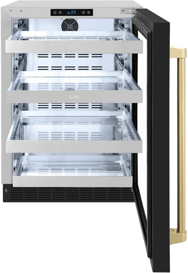 ZLINE Autograph Edition Touchstone 24" 5.2 Cu. Ft. Stainless Steel Beverage Center with Black Matte Glass Door and Champagne Bronze Handle-1