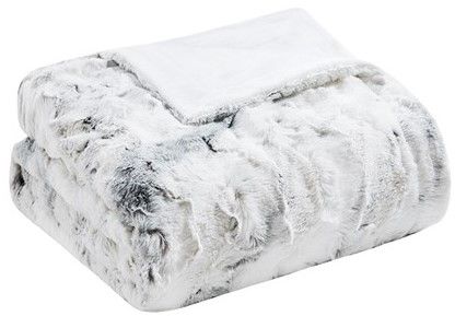 Olliix by Madison Park Sachi Grey 60x70" Polyester Marble Printed Knitted Long Fur Throw-0