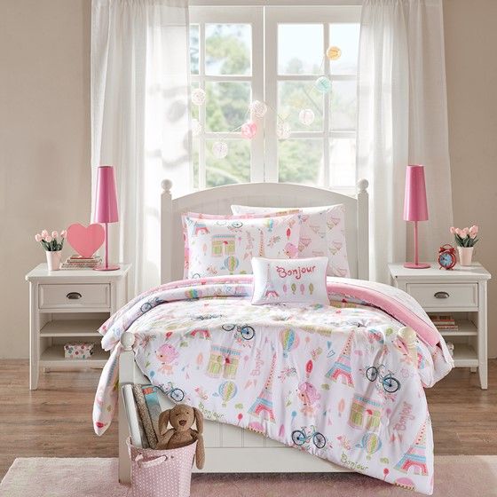 Olliix by Mi Zone Kids Pink Twin Bonjour Paris Complete Bed and Sheet Set-0