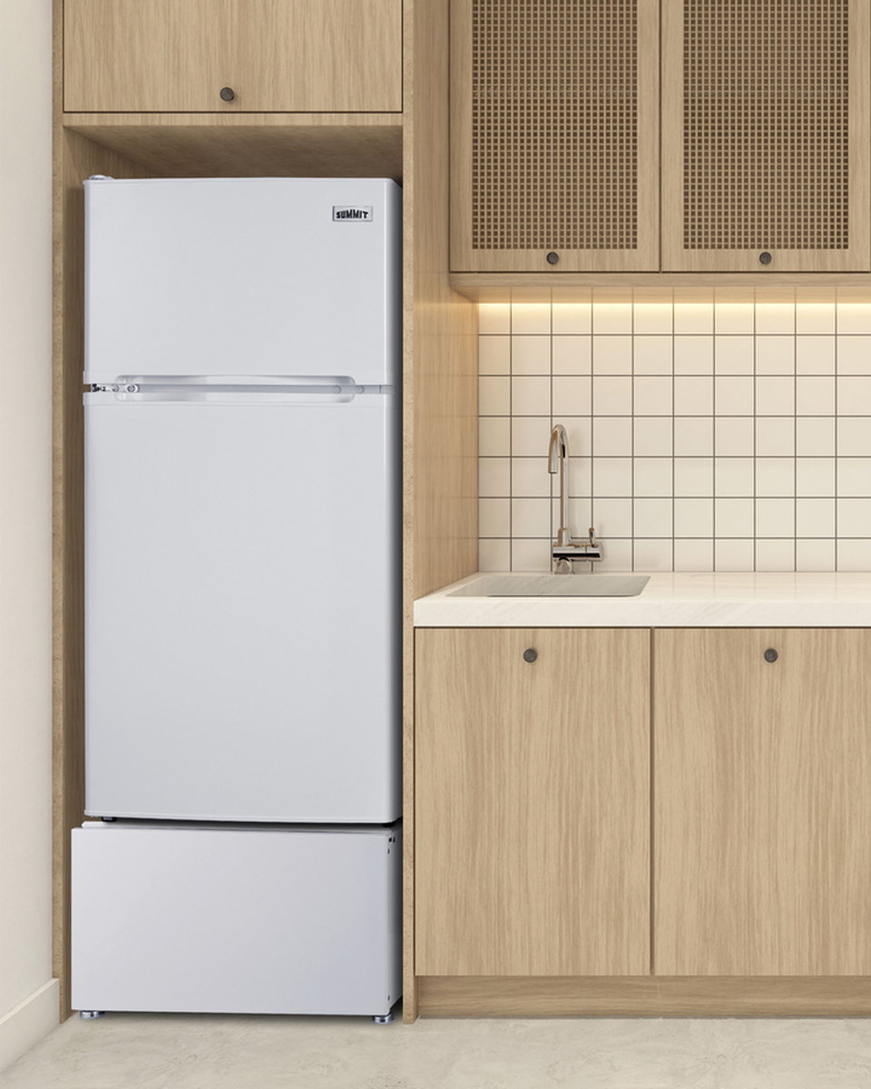 Top freezer counter depth refrigerator in a modern kitchen