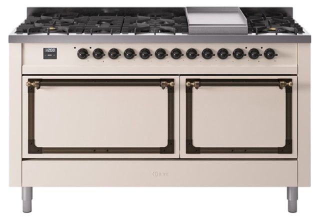 Ilve® Nostalgie II Noblesse 60'' Antique White Pro Style Dual Fuel Range with Burnished Trim-0