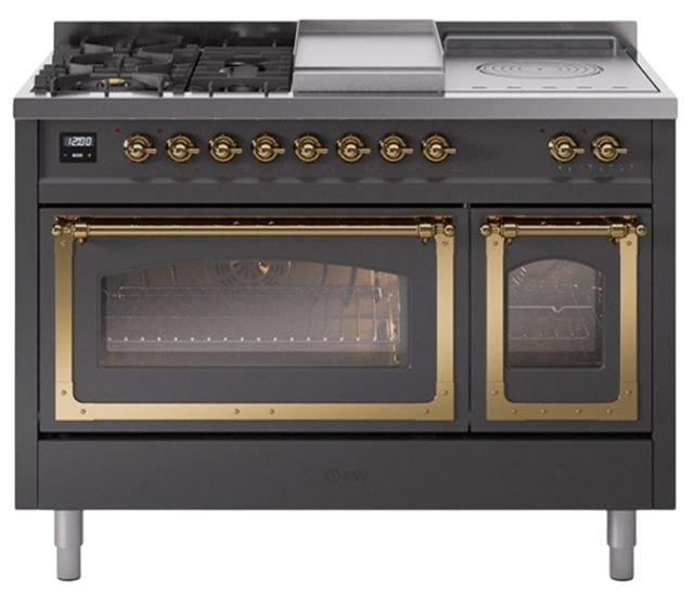 Ilve® Nostalgie II Noblesse 48'' Graphite Matte Pro Style Dual Fuel Range with Brass Trim-0