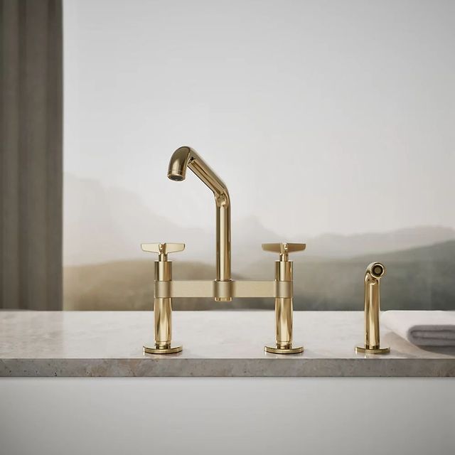 KOHLER® Billet® Vibrant French Gold 2-Hole Bridge Kitchen Sink Faucet with Side Sprayer-4