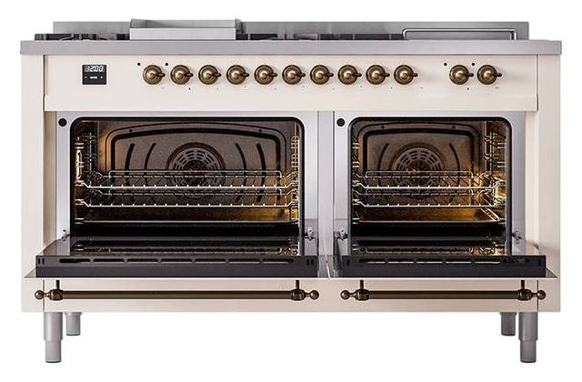Ilve® Nostalgie II Noblesse 60'' Antique White Pro Style Dual Fuel Range with Burnished Trim-1