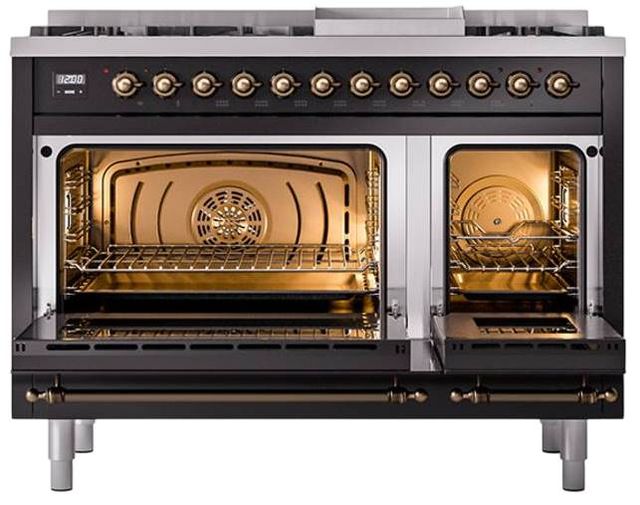 Ilve® Nostalgie II Noblesse 48'' Glossy Black Pro Style Dual Fuel Range with Burnished Trim-2