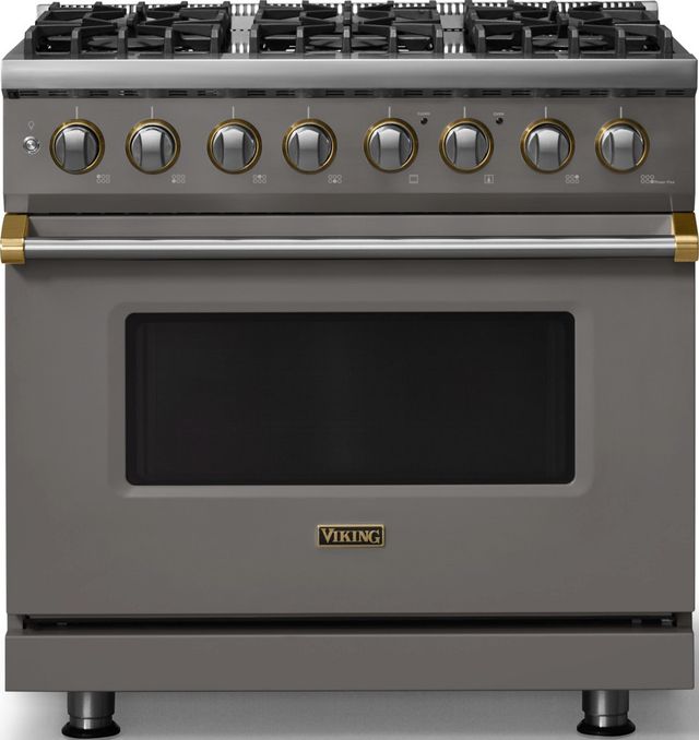 Viking® 5 Series 36" Damascus Gray Pro Style Dual Fuel (NG) Range with Brushed Brass Trim-0
