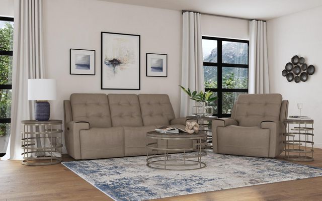 front view of a modern living room with a beige flexsteel sofa and chair 