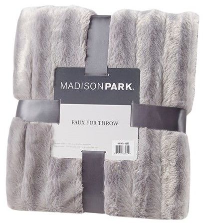 Olliix by Madison Park Duke Grey 50x60" Polyester Solid Stripe Plaited Brushed Long Fur Knitted Throw-0