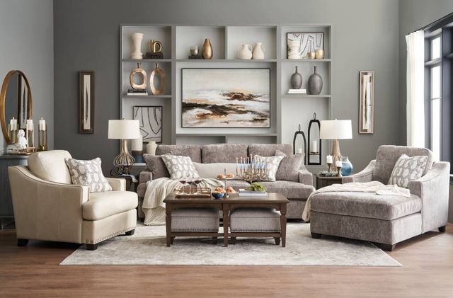 Front view of a modern living room with a fluffy La-Z-Boys sofa and a matching chaise and chair