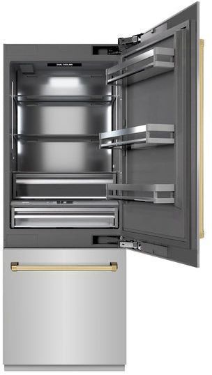 ZLINE Autograph Edition 30" 16.1 Cu. Ft Satin Stainless Steel Built In Bottom Freezer Refrigerator with Champagne Bronze Accents-1