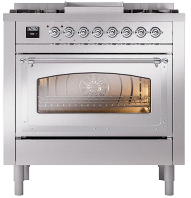 Ilve® Nostalgie II Noblesse 36'' Stainless Steel Pro Style Dual Fuel Range with Chrome Trim-1