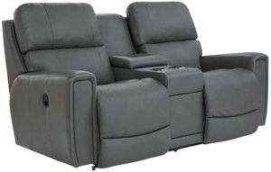 Front view of the La-Z-Boy® Apollo Blue Grey Leather Manual Reclining Loveseat with Console