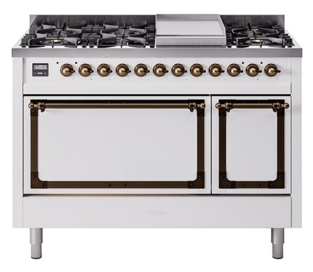 Ilve® Nostalgie II Noblesse 48'' White Pro Style Dual Fuel Range with Burnished Trim-0
