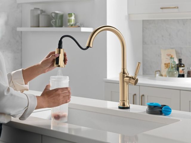 Delta Renaldi® Lumicoat® Champagne Bronze Touch2O® Technology Spring Kitchen Faucet with Touchless Technology-2