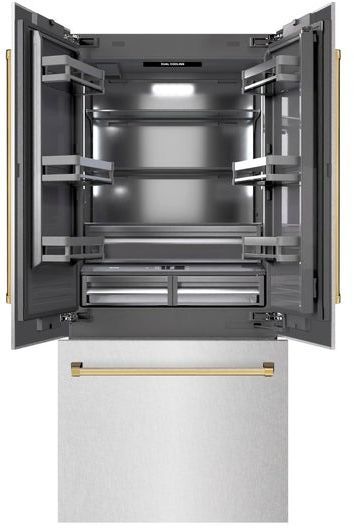ZLINE Autograph Edition 36" in. 19.8 Cu. Ft Satin Stainless Steel Built In French Door Refrigerator with Graphite Gray Interior and Champagne Bronze Accents-1