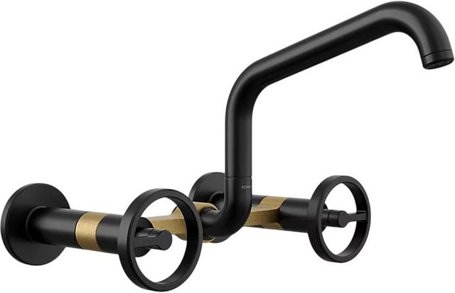KOHLER® Billet® Brushed Moderne Brass/Matte Black 2-Hole Wall-Mount Bridge Kitchen Sink Faucet with Round Handles-0
