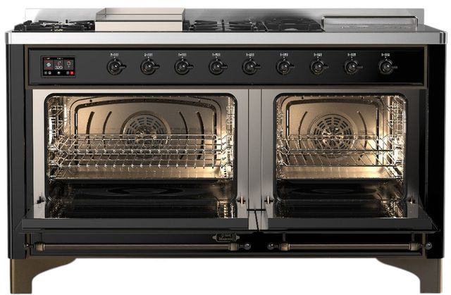 Ilve® Majestic III 60" Glossy Black Pro Style Dual Fuel Liquid Propane Range with Griddle and Burnished Trim-1