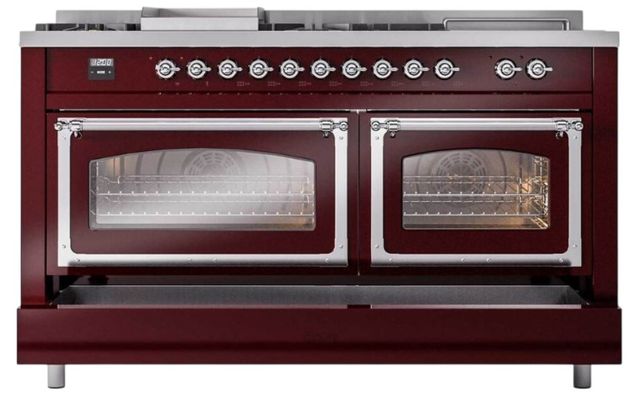 Ilve® Nostalgie II Noblesse 60'' Burgundy Pro Style Dual Fuel Range with Chrome Trim-3