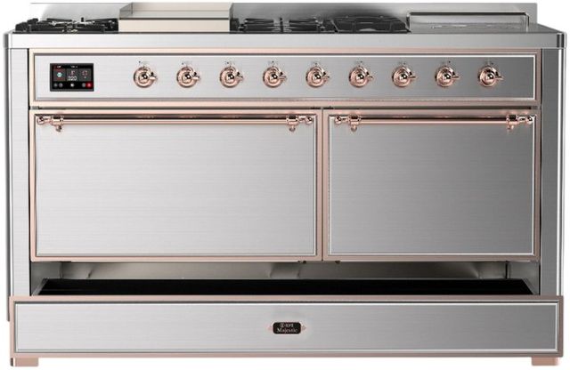 Ilve® Majestic III 60'' Stainless Steel Pro Style Dual Fuel Natural Gas Range with Solid Door and Copper Trim-1
