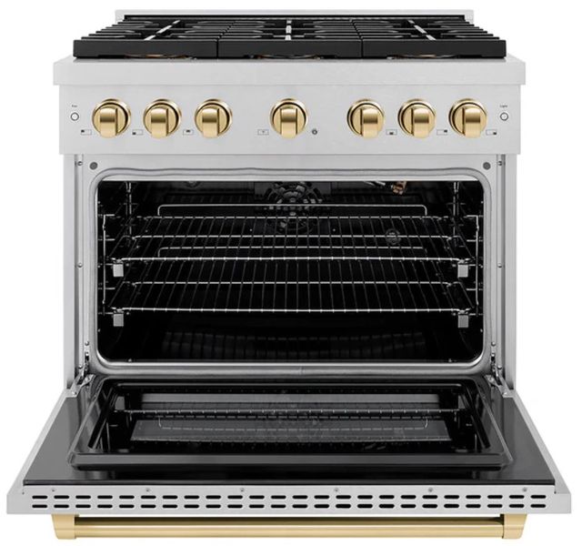ZLINE Autograph Edition Paramount 36" 5.2 Cu. Ft. Satin Stainless Steel Gas Range with 6 Burner DuoPro™ Cooktop and Convection Gas Oven with Polished Gold Accents-1
