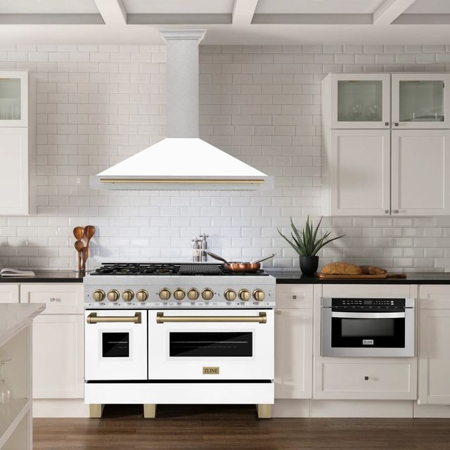 ZLINE Autograph Edition 48" Fingerprint Resistant Satin Stainless Steel Convertible Wall Mounted Range Hood with White Matte Shell and Champagne Bronze Handle-1