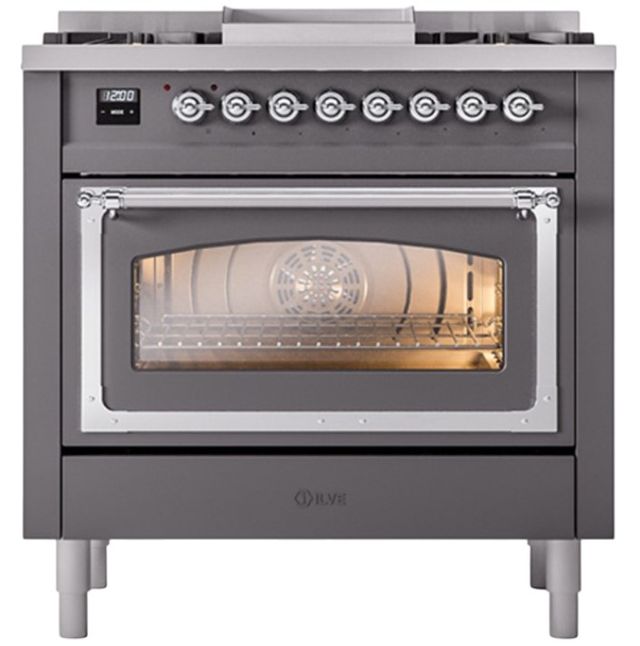 Ilve® Nostalgie II Noblesse 36'' Graphite Matte Pro Style Dual Fuel Range with Chrome Trim-1
