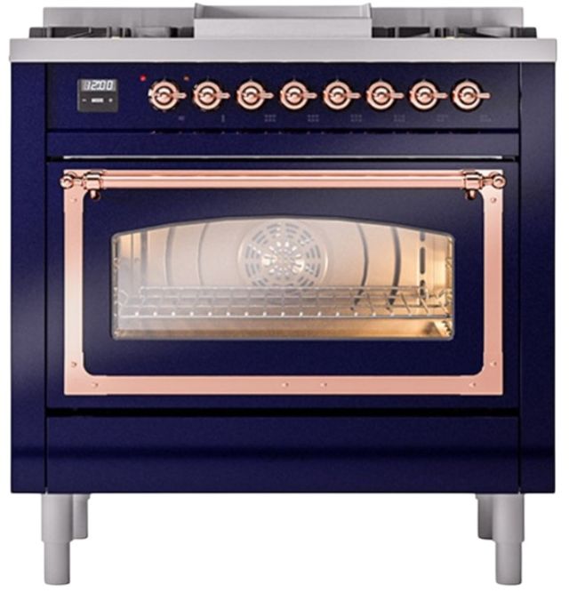 Ilve® Nostalgie II Noblesse 36'' Midnight Blue Pro Style Dual Fuel Range with Copper Trim-1