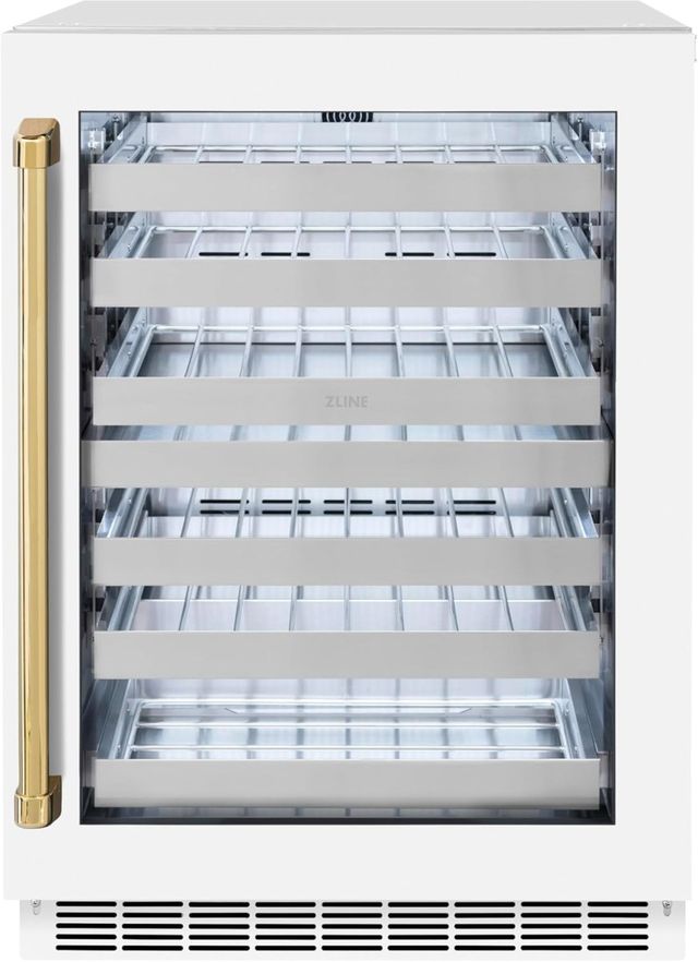 ZLINE Autograph Edition Touchstone 24" 4.8 Cu. Ft. Stainless Steel Wine Cooler with White Matte Glass Door and Polished Gold Handle-0