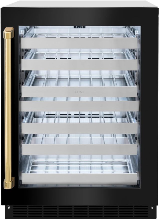 ZLINE Autograph Edition Touchstone 24" 4.8 Cu. Ft. Stainless Steel Wine Cooler with Black Stainless Steel Glass Door and Polished Gold Handle-0