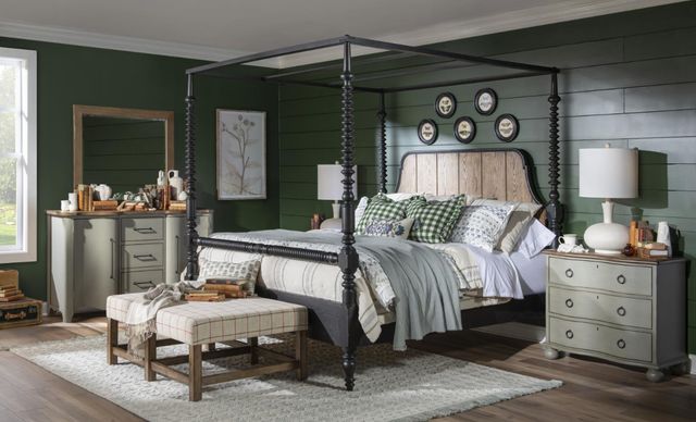 Legacy Classic Vintage Market Barnwood Oak/Kettle Black King Canopy Bed-1