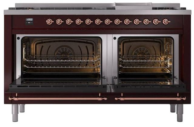 Ilve® Nostalgie II Noblesse 60'' Burgundy Pro Style Dual Fuel Range with Copper Trim-2