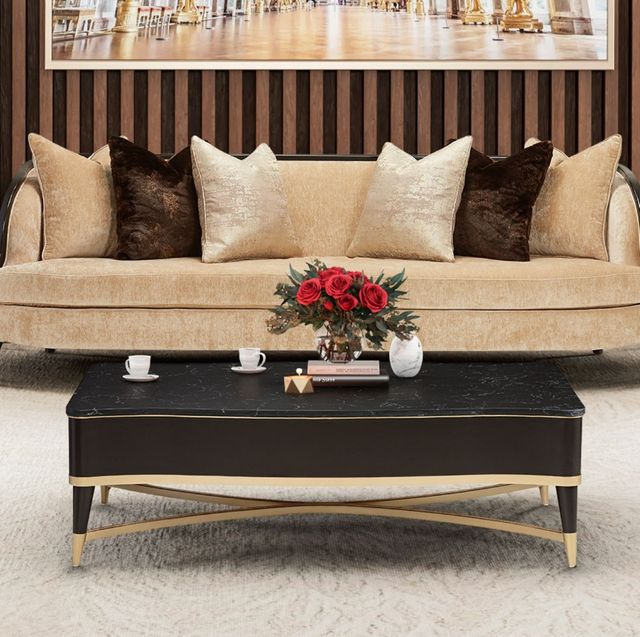 Michael Amini® Malibu Crest Crotch Mahogany Cocktail Table with Gold Legs-1