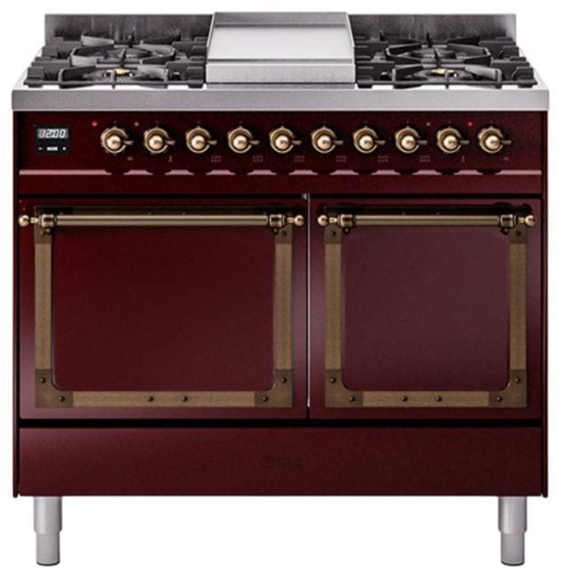Ilve® Nostalgie II Noblesse 40'' Burgundy Pro Style Dual Fuel Range with Burnished Trim-0