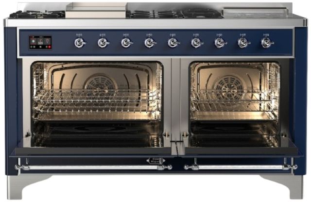 Ilve® Majestic III 60" Midnight Blue Pro Style Dual Fuel Liquid Propane Range with French Top and Chrome Trim-1