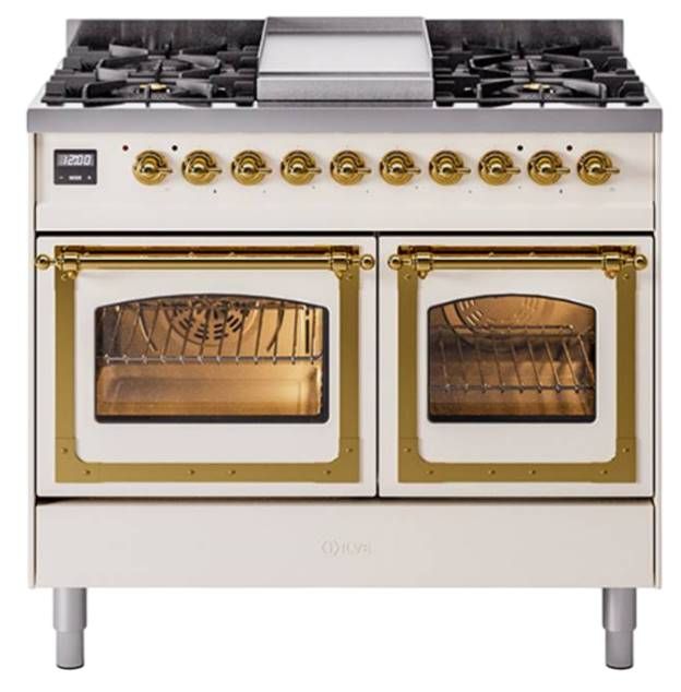 Ilve® Nostalgie II Noblesse 40'' Antique White Pro Style Dual Fuel Range with Brass Trim-0
