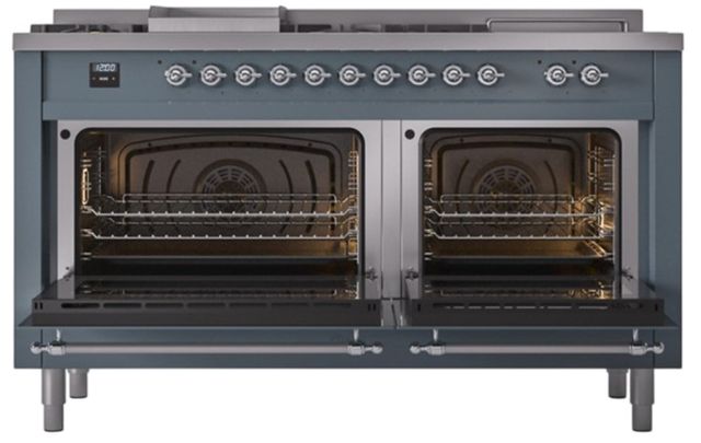 Ilve® Nostalgie II Noblesse 60'' Blue Gray Pro Style Dual Fuel Range with Chrome Trim-2