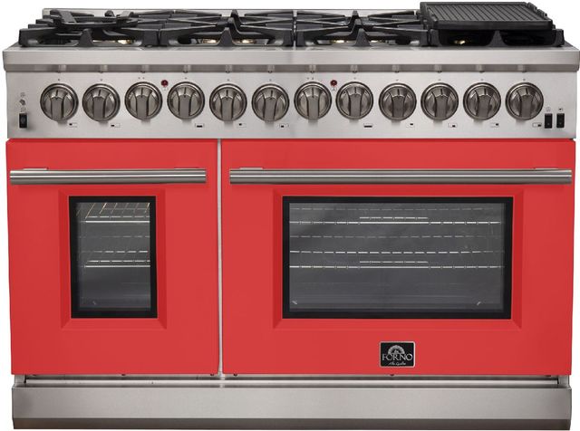FORNO® Capriasca 48" Stainless Steel Pro Style Dual Fuel Range with Red Door-0