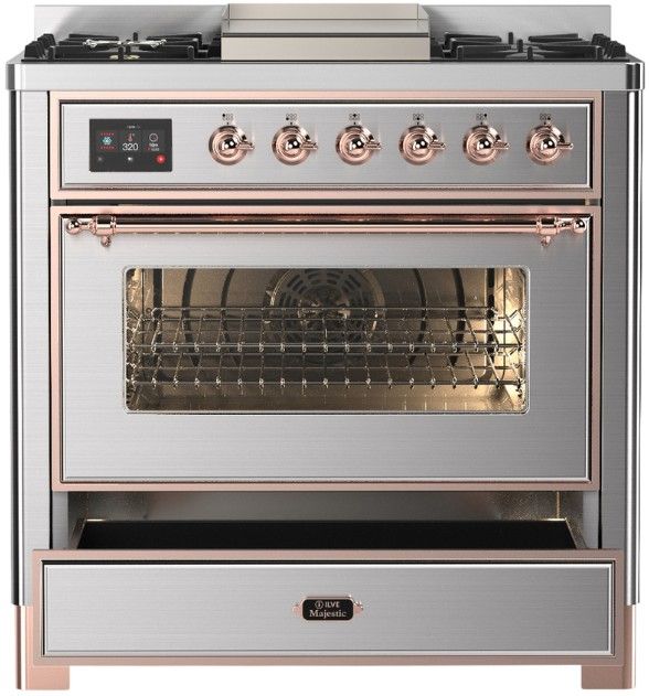 Ilve® Majestic III 36'' Stainless Steel Pro Style Dual Fuel Liquid Propane Range with Triple Glass Door and Copper Trim-1