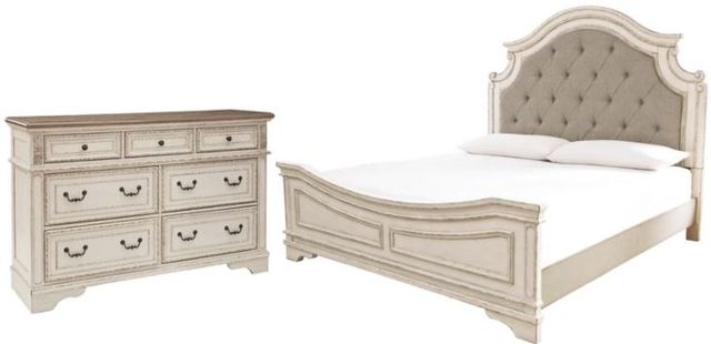 Signature Design by Ashley® Realyn 2-Piece Chipped White King Upholstered Panel Bed Set-0