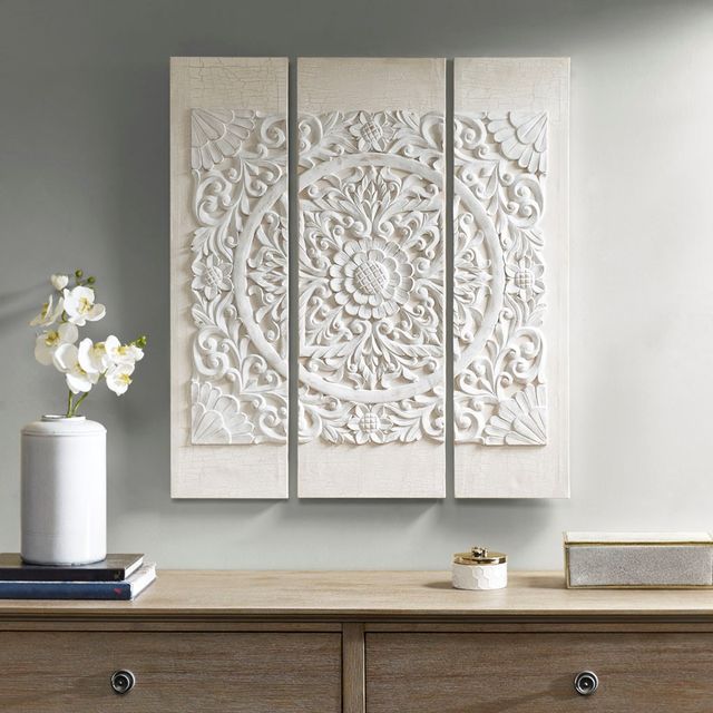 Olliix by Madison Park White Set of 3 White Mandala 3D Embellished Canvas Set-1