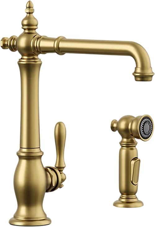KOHLER® Artifacts® Vibrant Brushed Moderne Brass Single-Handle Kitchen Sink Faucet with 2-Function Side Sprayer-0
