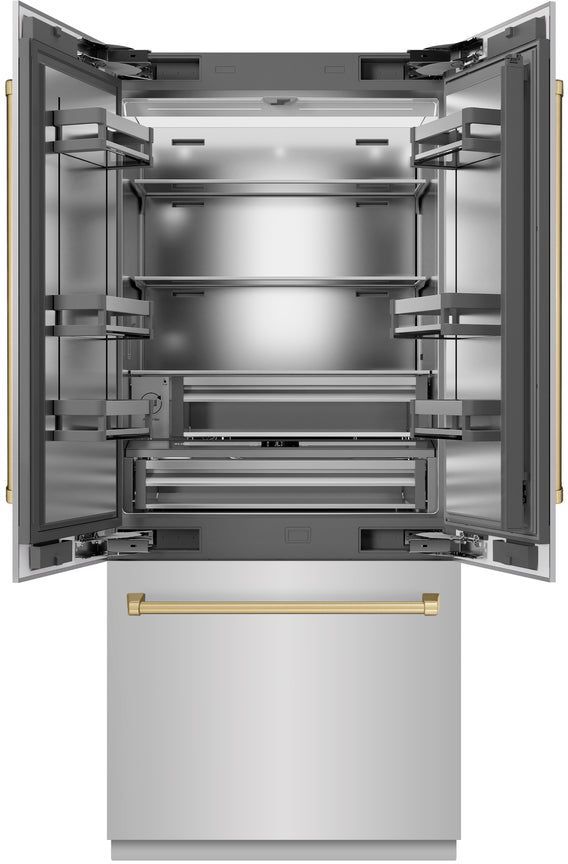 ZLINE Autograph Edition 36" 19.6 Cu. Ft. Stainless Steel Built-In French Door Refrigerator with Champagne Bronze Accents-2