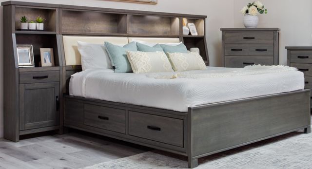 Mako Wood Furniture Jetty Gray Queen Upholstered Bookcase Bed with Drawers -0