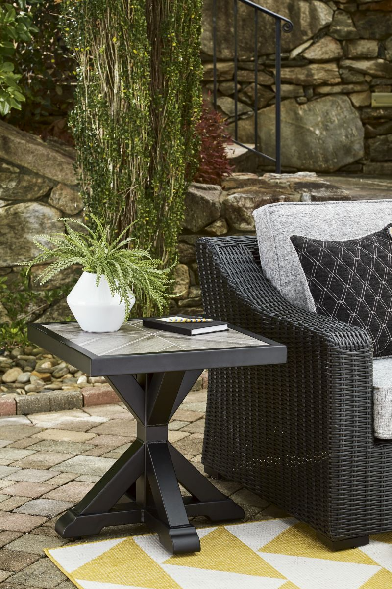 Signature Design by Ashley Beachcroft Light Gray Aluminum Resin Outdoor End Table with Black Base Miskelly Furniture