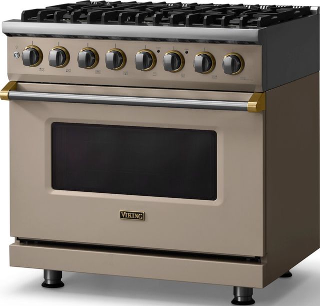Viking® 5 Series 36" Nantucket Pro Style Dual Fuel (LP) Range with Brushed Brass Trim-3