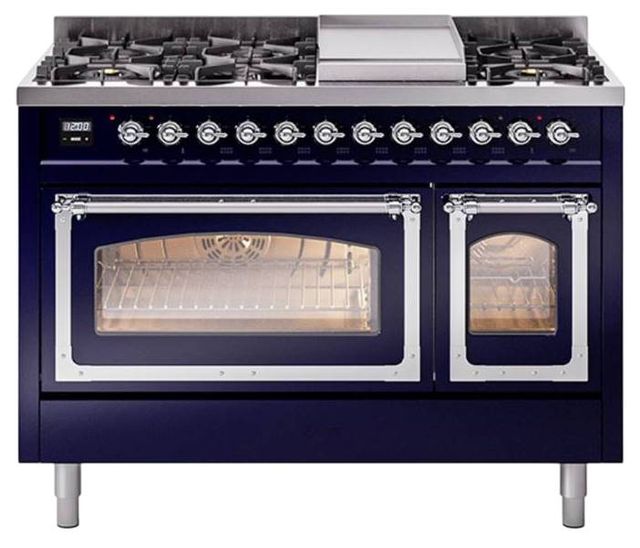 Ilve® Nostalgie II Noblesse 48'' Midnight Blue Pro Style Dual Fuel Range with Chrome Trim-0