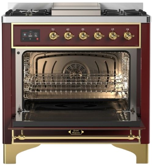Ilve® Majestic III 36" Burgundy Pro Style Dual Fuel Natural Gas Range with 6 Black Brass Burners and Brass Trim-1