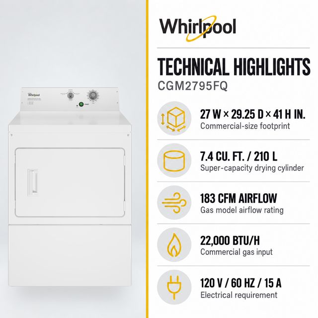Whirlpool Commercial 7.4 Cu. Ft. Non-Coin Gas Front-Load Dryer - White-4