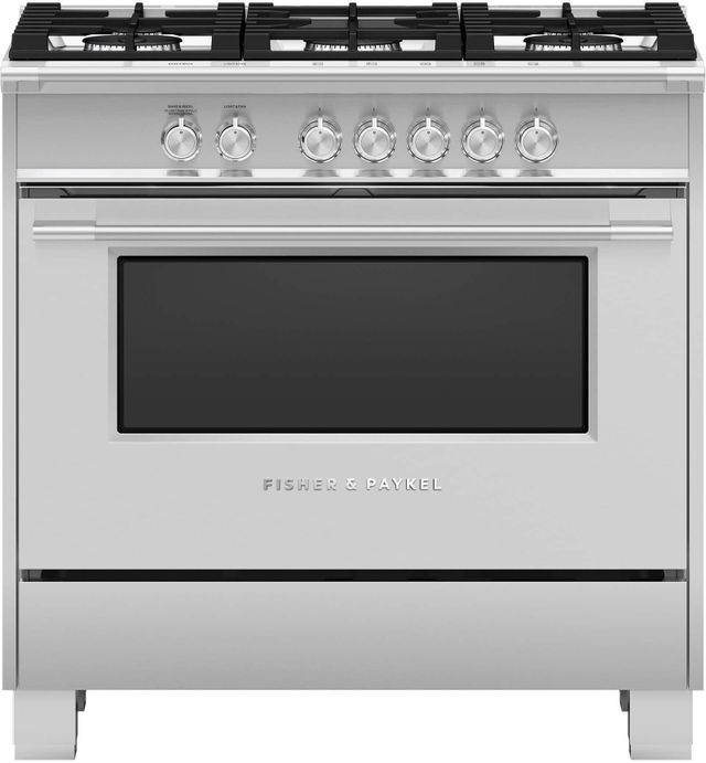 Fisher & Paykel 36" Brushed Stainless Steel with Black Glass Pro Style Natural Gas Range