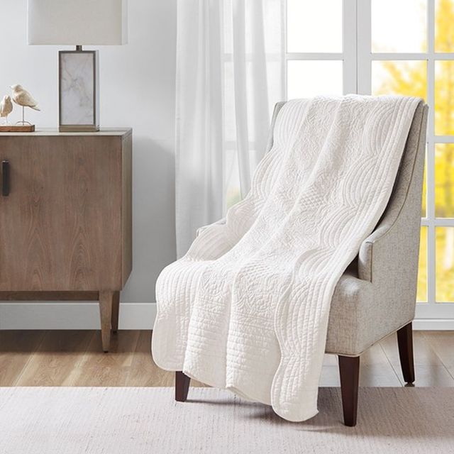 Olliix by Madison Park White Tuscany Oversized Quilted Throw with Scalloped Edges-2
